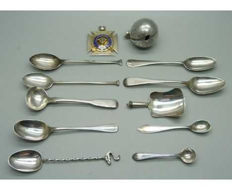 A collection of silver including spoons, a rattle, a/f, and a RAOB medal, 140g 