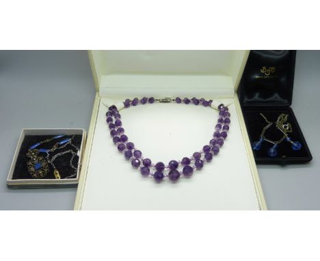 A vintage silver mounted amethyst necklace and two other vintage necklaces 