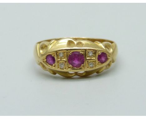 A Victorian 18ct yellow gold ruby and diamond ring, Birmingham 1870, J, 2g 