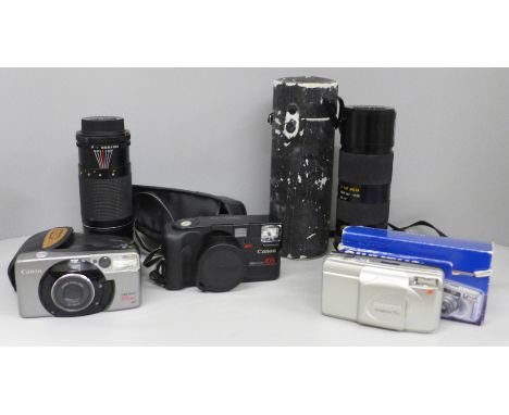 A Tamron camera lens, a Canon lens, a Canon Sure Shot 105 and an Olympus Superzoom 76G, etc. 