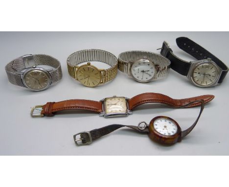 Six watches, including Tissot, Art Deco Rotary and a silver fob watch lacking crown 