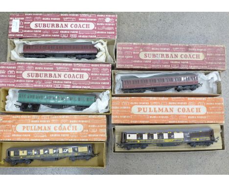 Five Graham Farish coaches, LMS First x2, Composite, Southern First and Third, and Golden Arrow 