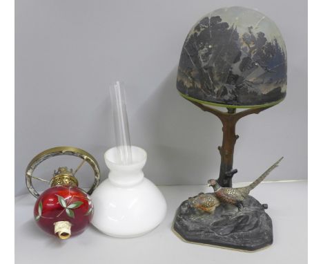 An Austrian cold painted bronze table lamp with two game birds, signed J. Gadek, with a Muller Freres cameo glass shade, the 
