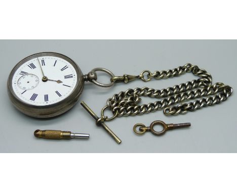 A silver pocket watch, London 1883, a/f, Albert chain and two keys 