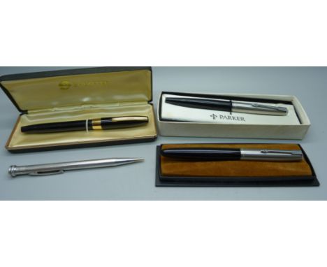 A cased Sheaffer fountain pen, 14k gold nib, two Parker fountain pens, 'Life Long' sterling silver pencil 
