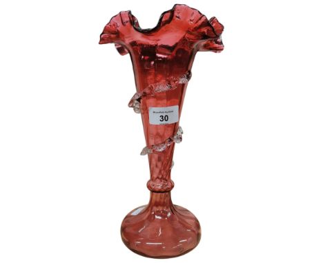 LARGE ANTIQUE RUBY GLASS FRILLED VASE 