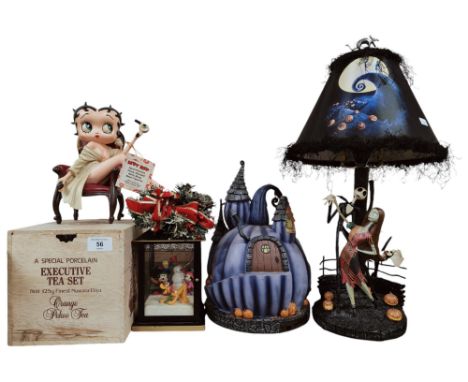 SHELF LOT TO INCLUSE BETTY BOOP FIGURE, DISNEY LANTERN, THE NIGHTMARE BEFORE CHRISTMAS LAMP ETC 