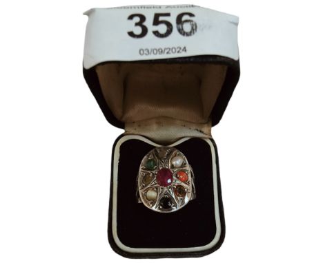 LARGE WHITE METAL GEM SET RING RUBY, EMERALD, PEARL ETC 