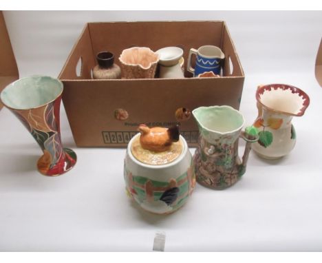 Border Fine Arts A1848 farmyard biscuit barrel, West German vase, Poole pottery vase, Wedgwood jug, and other vases, jugs and