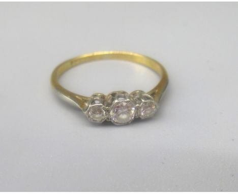 Yellow gold and platinum three stone diamond ring, stamped ?ct &amp; pt, size O 1/2,  1.9g 