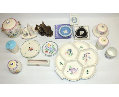 Collection of mid C20th Poole Pottery with painted decoration including cruet, preserve pots, hors d'oeuvre dish, etc.; Frith
