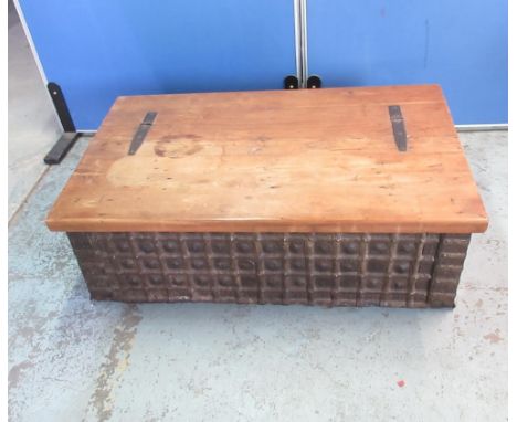 Jenny Powell Collection - Indian painted waxed and metal clad wooden trunk, with hinged top and two side carry handles, W122c