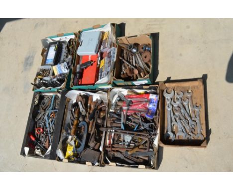 Extensive collection of workshop hand tools including drill sets, Spanner and socket sets, clamps, riveter, wood planes and o