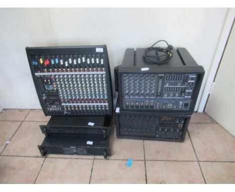 Selection of sound studio music mixers and powered amplifiers incl. Yamaha EMX 66M powered mixer amp, Peavey XR 680E 8 channe