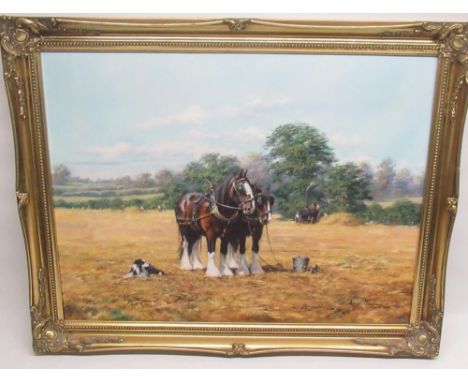 Kevin March (C20th) pair of oils on canvas, depicting horses and traction engine in country side scene, approx. 54cm x 69cm 