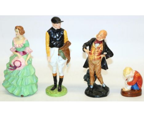 Painted porcelain figures: Royal Crown Derby Weighing-In sculpted by Miss M.R. Locke, H21cm, Royal Doulton Micawber HN1895, H