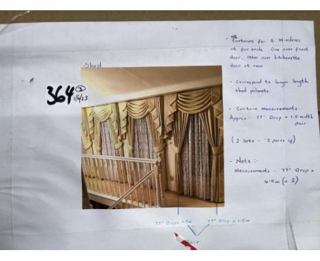 Two pairs of light gold/cream curtains, approx. 195cm drop, lined, with pelmets, tiebacks and nets, pelmets approx. 162cm 