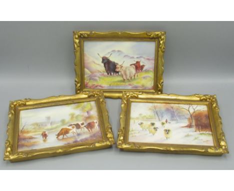 E. R. Booth, group of framed 20th century porcelain painted plaques, 'Highland Cattle' 'Sheep' &amp; 'Cattle at Worcester', 1