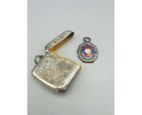 George V silver vesta, bright cut decoration, Joseph Gloster Birmingham 1926 &amp; a silver and enamel fob, Vaughton &amp; So