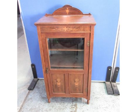 Victorian inlaid rosewood music cabinet, galleried back and part glazed door on turned supports, W56cm D37 H113cm 