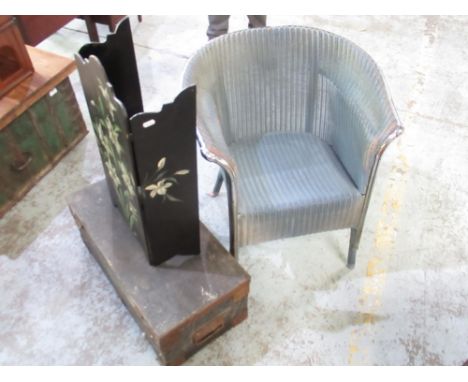 C20th Lloyd Loom blue woven fibre chair with chrome trim and 1936 pat. applied for label, a small black painted metal banded 