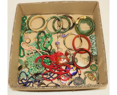 Collection of mid-late C20th Chinese/oriental jewellery including jade and faux jade bangles, faux Cinnabar bangles, earrings