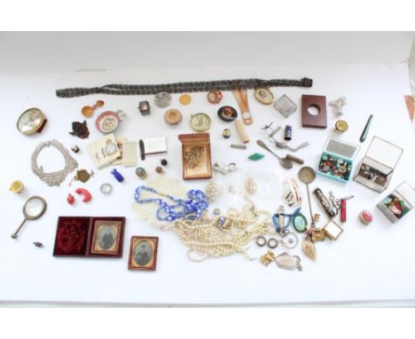 Selection of misc. small collectables incl. two ambrotype portraits, mixed loose semi-precious stones, costume jewellery etc.