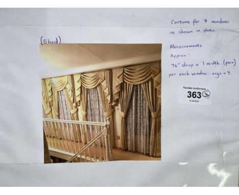 Seven pairs of light gold/cream curtains, approx. 193cm drop, lined, with pelmets, tiebacks and nets, pelmets approx. 115cm 