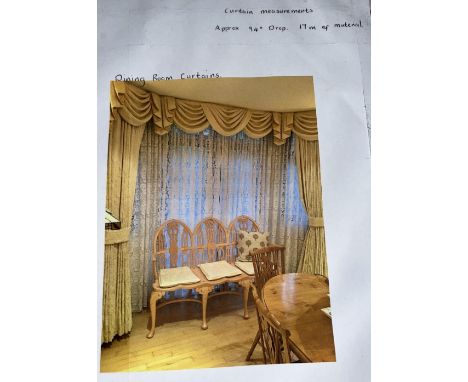 Pair of light gold/cream damask curtains, approx. 240cm drop, lined, with tiebacks, nets and pelmets, pelmet sizes approx. 87