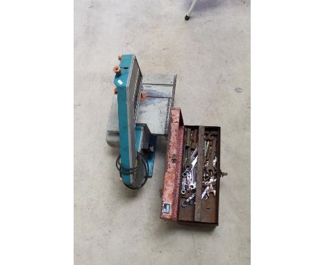 Electric bandsaw by Black &amp; Decker and a large collection of tools such as spanners, sockets etc in a My Buddy metal tool