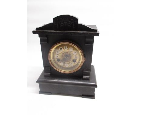 H.A.C. C20th ebonised mantle clock with brass dial, 2 train movement striking on a scroll gong, movement with trade mark W24c