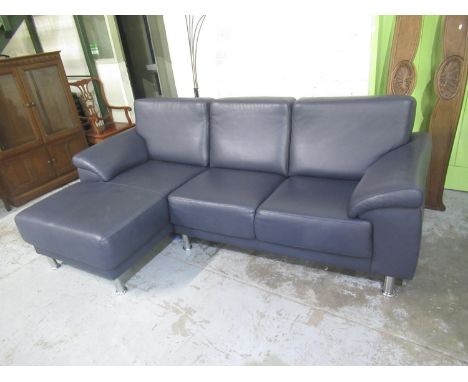 Contemporary blue leather three seat L shaped sofa, on chrome supports, W230cm D140cm H95cm max