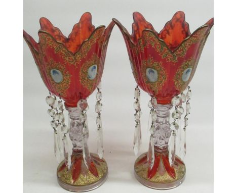 Pair of late C20th Bohemian ruby and gilt glass lustres, H30cm 