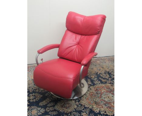 Himolla red leather upholstered manual recline swivel open  arm chair with adjustable back on brushed metal base 