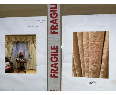 Pair of light gold/cream damask curtains, approx. 229cm drop, lined, with tiebacks, pelmet and nets, pelmet approx. 211cm 