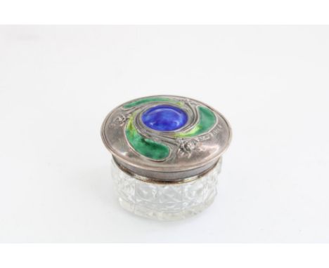 Hallmarked silver and glass Art Nouveau powder pot, lid with embossed floral pattern with blue and green enamel work, Birming