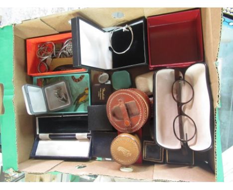 Chrome plated bangle with clear stones, vintage jewellery boxes, two leather stud boxes containing collar studs, 1930's simul