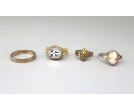 9ct yellow gold wedding band, size R, stamped 375, a 9ct yellow gold cameo ring, size P1/2, stamped 9ct, gross5.9g, and two o