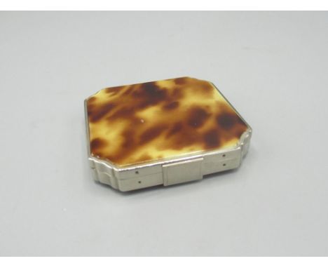 Continental silverplated and tortoiseshell design compact, stamped foreign 