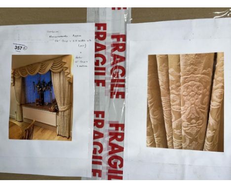 Pair of light gold/cream damask curtains, approx. 213cm drop, lined, with tiebacks, pelmet and nets, pelmet approx. 257cm 