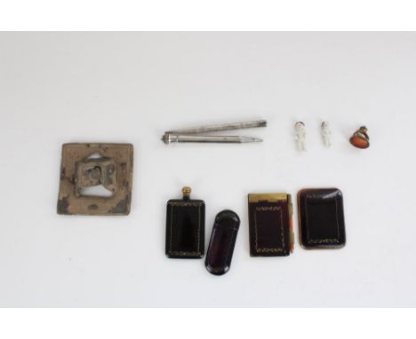 C18th/C19th Malaysian Peninsular tin hat money, four piece enamel travel set of aide memoire, scent bottle, vesta and mirror,