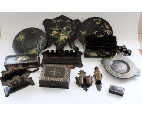 Victorian papier mache lacquer collection, incl. Mother of Pearl inlaid and painted needle box, enamel painted letter tray, J