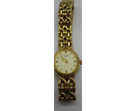 Rotary gold plated quartz wristwatch with champagne covered dial, applied baton markers on matching integrated bracelet 
