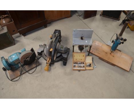 Clarke 8" wetstone grinder, Performance Pro 1200W chop saw, Elu router with bits and a Bosch drill with press. (4) 