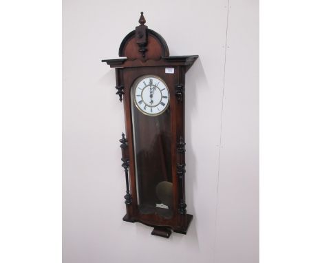 C19th single weight Vienna wall clock, stained beach and walnut case fully glazed door with turned ebonised spindles, white e