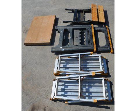 Portable work bench by GS, 2 folding sawhorses by ZAG, 2 folding aluminium work steps/platforms and a homemade folding table 