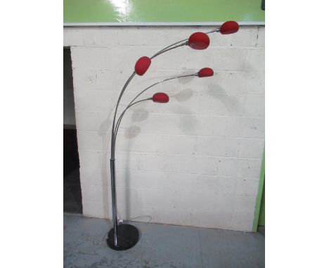 Danlight chromed metal floor lamp, five adjustable branches with red glass shades, H210cm 