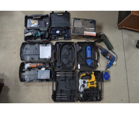 Collection of corded workshop power tools, various manufacturers to include Clarke Contractor 6 function rotary hammer drill,