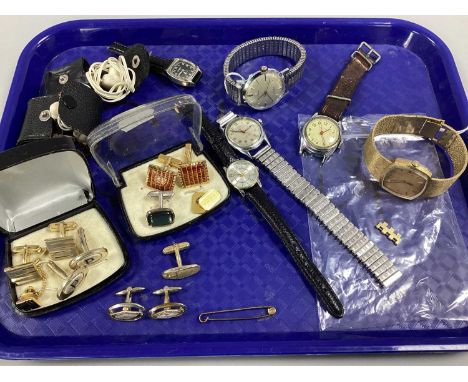 Vintage and Later Gent's Wristwatches, cufflinks, etc :- One Tray