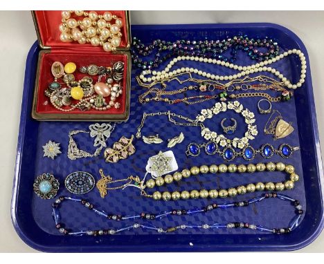 Vintage and Later Costume Jewellery, including bead necklaces, imitation pearls, earrings, brooches, trinket box tc :- One Tr